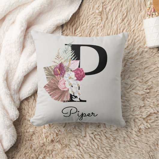 Mit Monogramm Pink Boho Floral Initial Kissen (Decke)