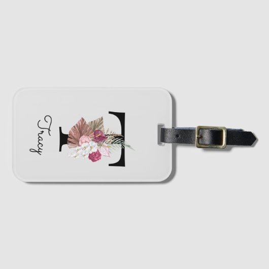 Mit Monogramm Pink Boho Floral Initial t Gepäckanhänger (Vorderseite (Horizontal))