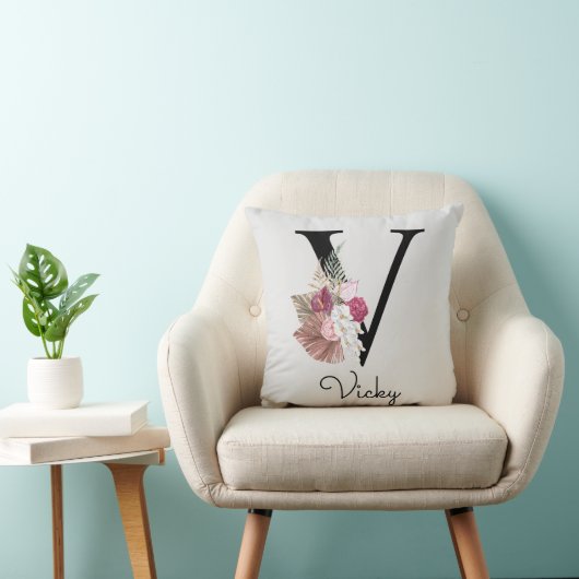 Mit Monogramm Pink Boho Floral Initial V Kissen (Stuhl )