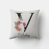 Mit Monogramm Pink Boho Floral Initial V Kissen (Rückseite)