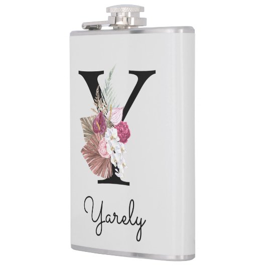 Mit Monogramm Pink Boho Floral Initial Y Flachmann (Links)