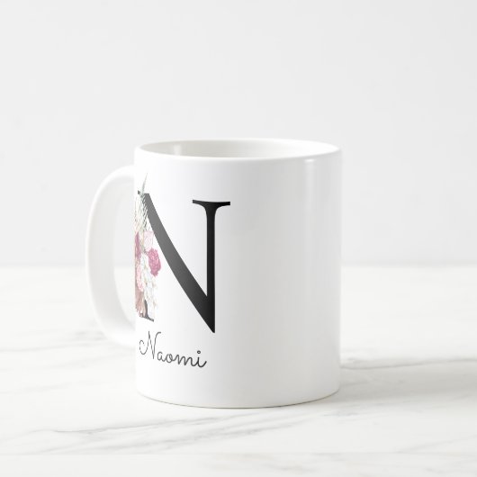 Mit Monogramm Pink Boho Girly Floral Initial N Kaffeetasse (Vorderseite Links)