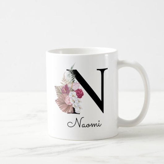 Mit Monogramm Pink Boho Girly Floral Initial N Kaffeetasse (Rechts)