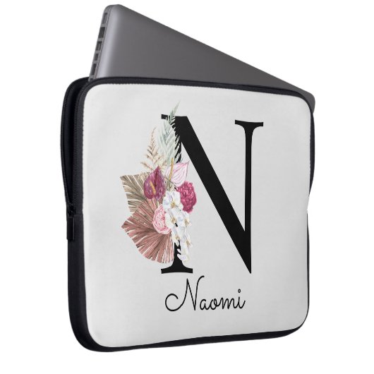 Mit Monogramm Pink Boho Girly Floral Initial N Laptopschutzhülle (Vorne Rechts)