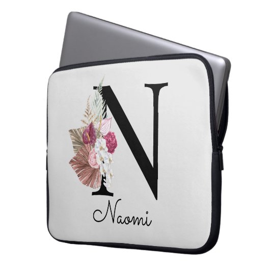Mit Monogramm Pink Boho Girly Floral Initial N Laptopschutzhülle (Vorderseite Links)