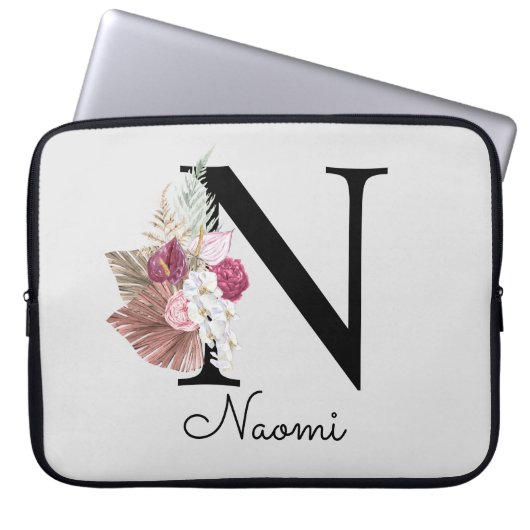 Mit Monogramm Pink Boho Girly Floral Initial N Laptopschutzhülle (Vorderseite)