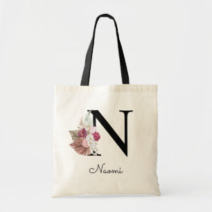 Mit Monogramm Pink Boho Girly Floral Initial N Tragetasche