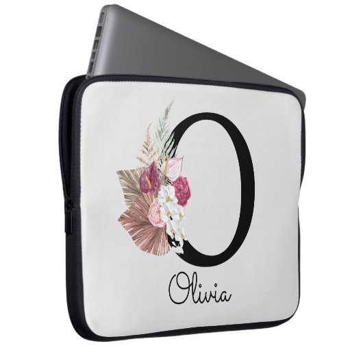 Mit Monogramm Pink Boho Girly Floral Initial O Laptopschutzhülle (Vorne Rechts)
