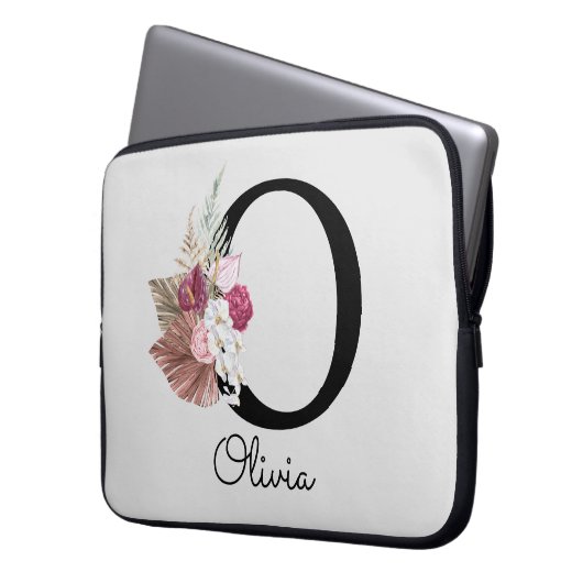 Mit Monogramm Pink Boho Girly Floral Initial O Laptopschutzhülle (Vorderseite Links)