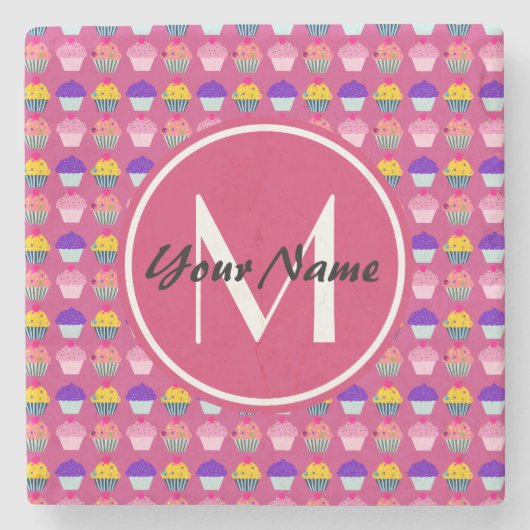 Mit Monogramm Pink Cupcakes, Personalisierter Name Steinuntersetzer (Vorderseite)