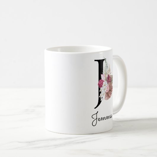 Mit Monogramm Pink Floral Initial J Kaffeetasse (VorderseiteRechts)