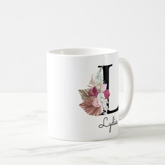 Mit Monogramm Pink Floral Initial L Kaffeetasse (VorderseiteRechts)