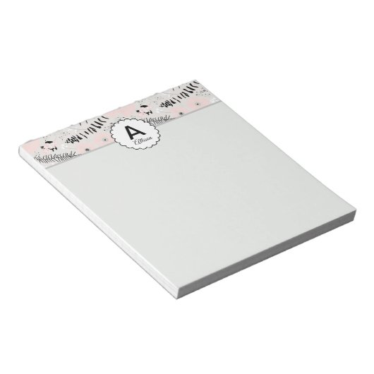Mit Monogramm Pink Grau Schwarz Gemusterte Blume Notizblock (angewinkelt)