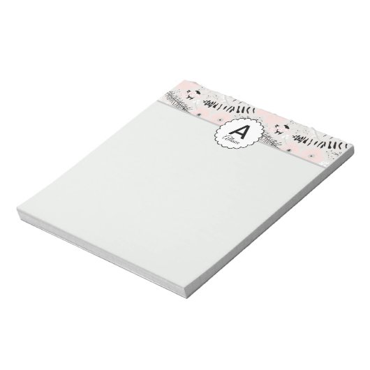 Mit Monogramm Pink Grau Schwarz Gemusterte Blume Notizblock (Rotiert)