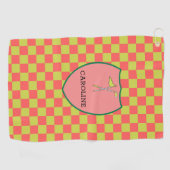 Mit Monogramm Pink & Green Karo & Golf Club & Flag Golfhandtuch (Horizontal)