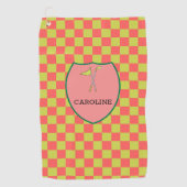 Mit Monogramm Pink & Green Karo & Golf Club & Flag Golfhandtuch (Vorderseite)