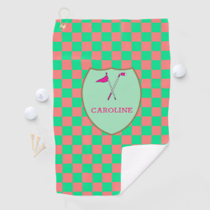 mit Monogramm Pink Green Karos & Golf Club & Flag Golfhandtuch