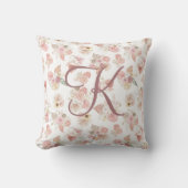 Mit Monogramm Pink Green Tan Floral Botanisch Kissen (Vorderseite)