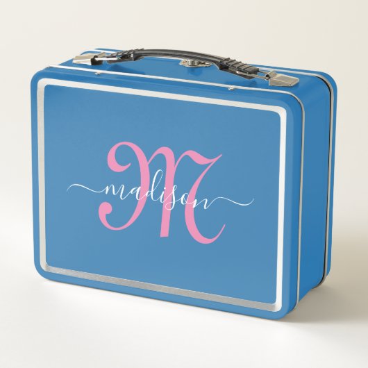 Mit Monogramm Pink-Script-Girl Metall Brotdose (Rückseite)
