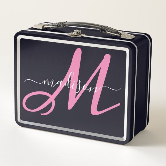 Mit Monogramm Pink-Script-Girl Metall Brotdose (Vorderseite)