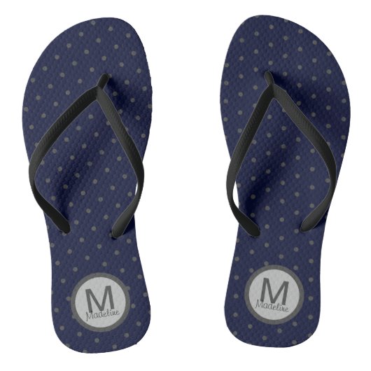 Mit Monogramm Polka Dots Gray Dark Blue Badesandalen (Fußbett)