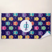 Mit Monogramm Rainbow Blue Owl Pattern Girls Strandtuch (Vorderseite)