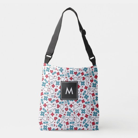 Mit Monogramm Red Blue Medical Pattern Nurse Tragetaschen Mit Langen Trägern (Vorderseite)
