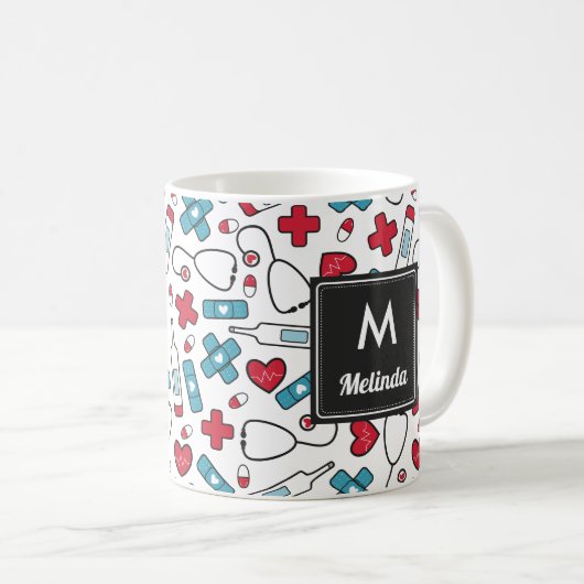 Mit Monogramm Red Blue Nurse Muster Kaffeetasse (VorderseiteRechts)