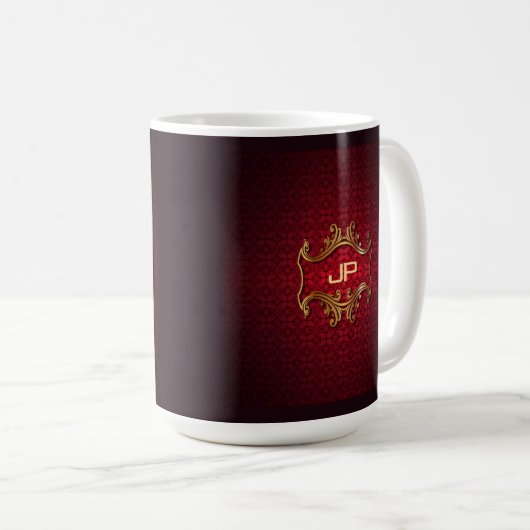 Mit Monogramm Red Damask Classic Elegante Vorlage Kaffeetasse (VorderseiteRechts)