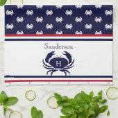 Mit Monogramm Red Navy Blue White Crab Nautic Geschirrtuch (Gefaltet)