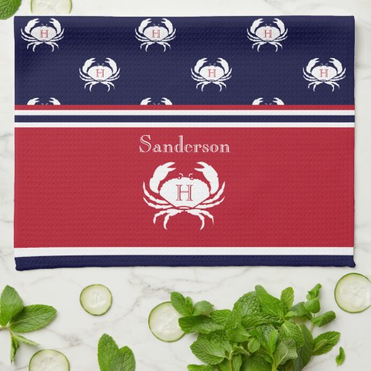 Mit Monogramm Red Navy Blue White Crab Nautic Geschirrtuch (Gefaltet)