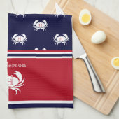 Mit Monogramm Red Navy Blue White Crab Nautic Geschirrtuch (Viertel Falte)