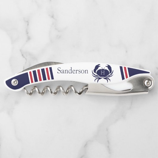 Mit Monogramm Red Navy Blue White Crab Nautic Kellnermesser (Rückseite)