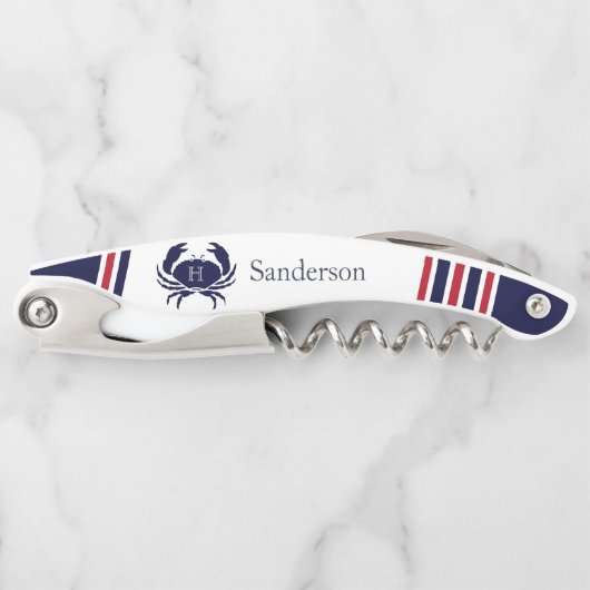 Mit Monogramm Red Navy Blue White Crab Nautic Kellnermesser (Vorderseite)