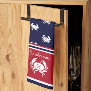 Mit Monogramm Red Navy Blue White Crab Nautical Ki Geschirrtuch
