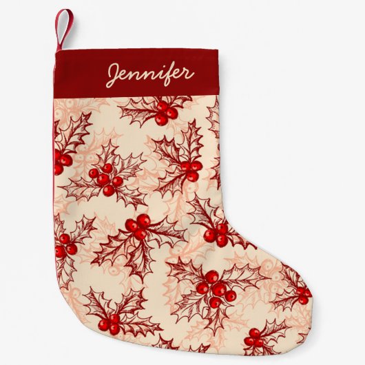 Mit Monogramm Red Pink Christmas Holly Kleiner Weihnachtsstrumpf (Vorderseite)