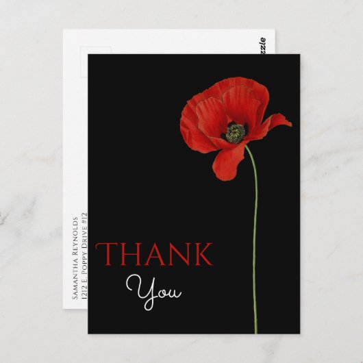 Mit Monogramm Red Poppy auf Black Danke Postkarte (Vorne/Hinten)