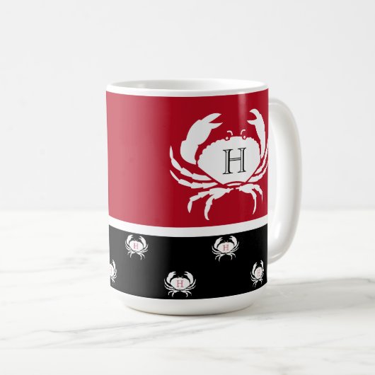 Mit Monogramm Red Schwarz-weiß Crab Nautical Kaffeetasse (VorderseiteRechts)