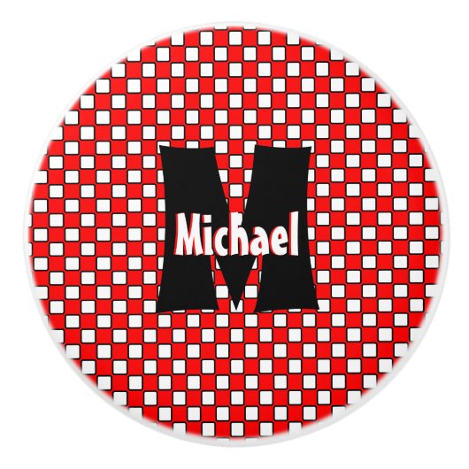 Mit Monogramm Red White Black Checkerboard Keramikknauf (Vorderseite)