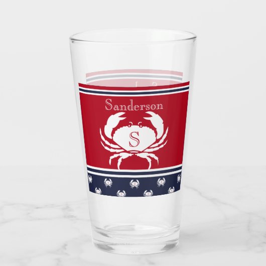Mit Monogramm Red White Navy Blue Crab Glas (Rückseite)