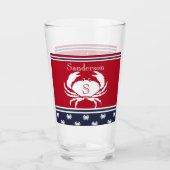 Mit Monogramm Red White Navy Blue Crab Glas (Vorderseite)