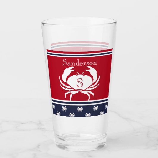 Mit Monogramm Red White Navy Blue Crab Glas (Vorderseite)