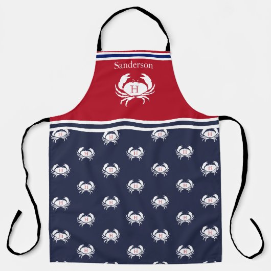 Mit Monogramm Red White Navy Blue Crab Nautic Apro Schürze (Vorderseite)