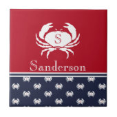 Mit Monogramm Red White Navy Blue Crab Nautic Fliese (Vorderseite)