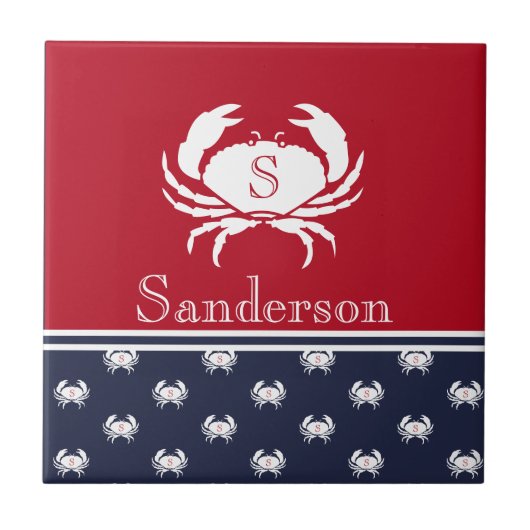 Mit Monogramm Red White Navy Blue Crab Nautic Fliese (Vorderseite)