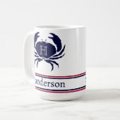 Mit Monogramm Red White Navy Blue Crab Nautic Kaffeetasse (Vorderseite Links)