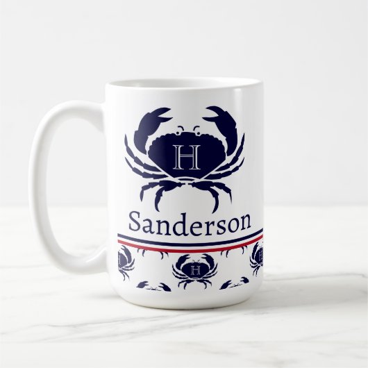 Mit Monogramm Red White Navy Blue Crab Nautic Kaffeetasse (Links)