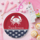 Mit Monogramm Red White Navy Blue Crab Nautic Pappteller (Party)