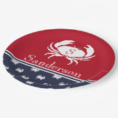 Mit Monogramm Red White Navy Blue Crab Nautic Pappteller (Schrägansicht)