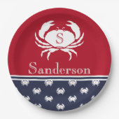 Mit Monogramm Red White Navy Blue Crab Nautic Pappteller (Vorderseite)